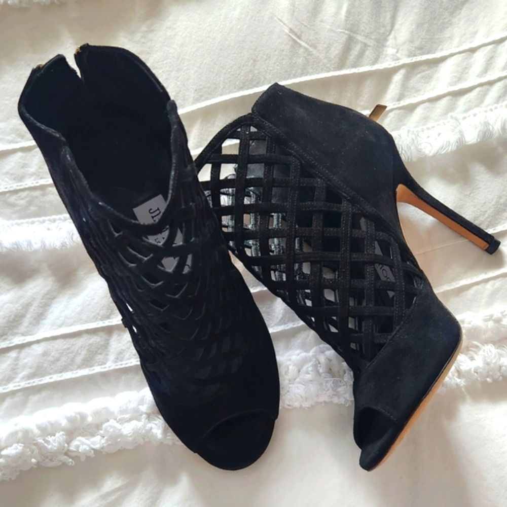 Jimmy Choo Black Suede Drift Heel Sandal Lattice Bootie Stunning Size 36.5